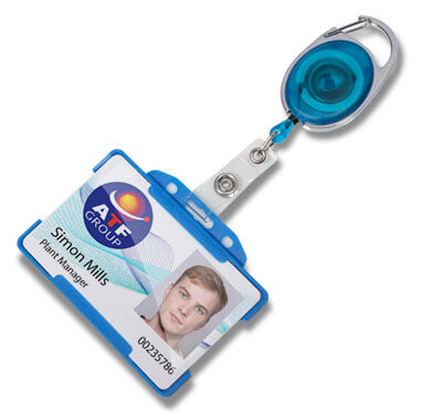 A retractable badge reel with a blue and silver metal clip, holding a sample employee ID card with a photo and the text 'AIT Group' and 'Simon Mills'.