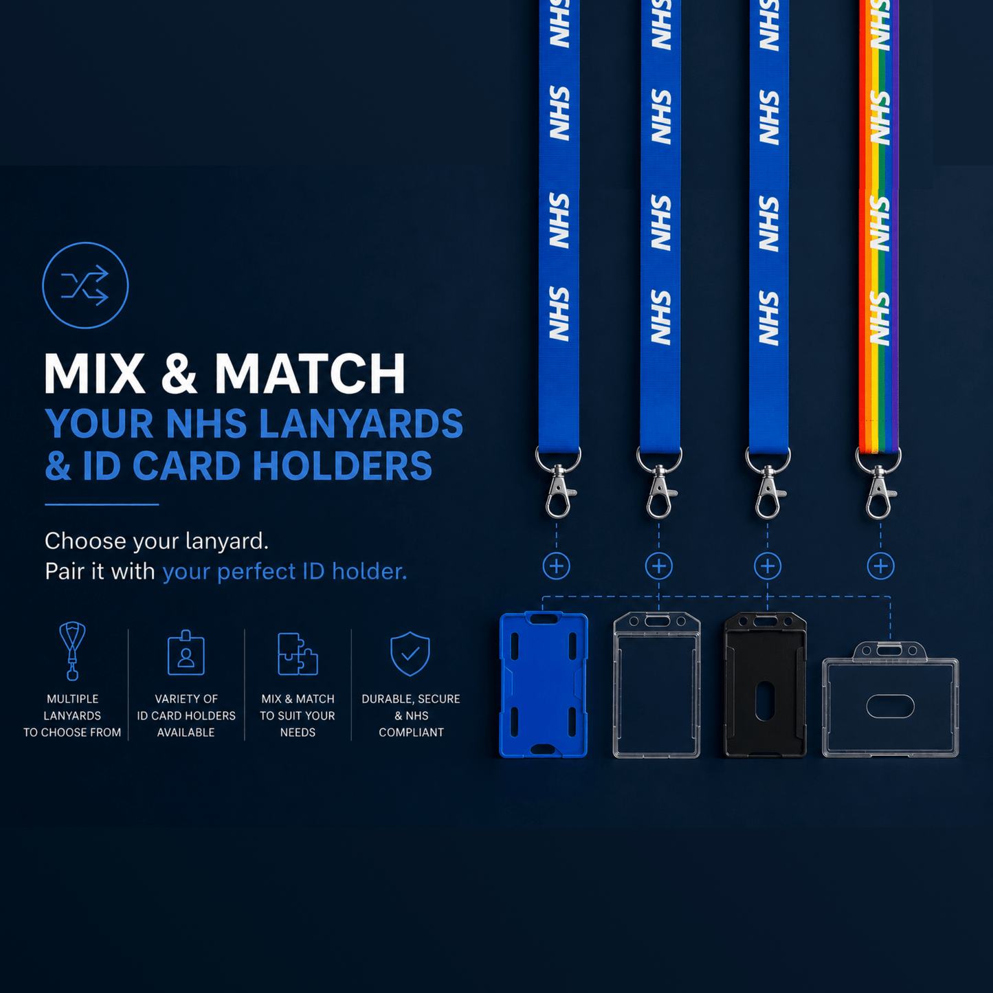 NHS lanyards and ID card holders on a dark blue background with text about mixing and matching.