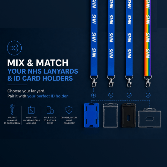 NHS lanyards and ID card holders on a dark blue background with text about mixing and matching.
