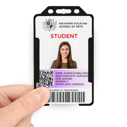 Black double sided portrait ID card holder on a transparent background being held