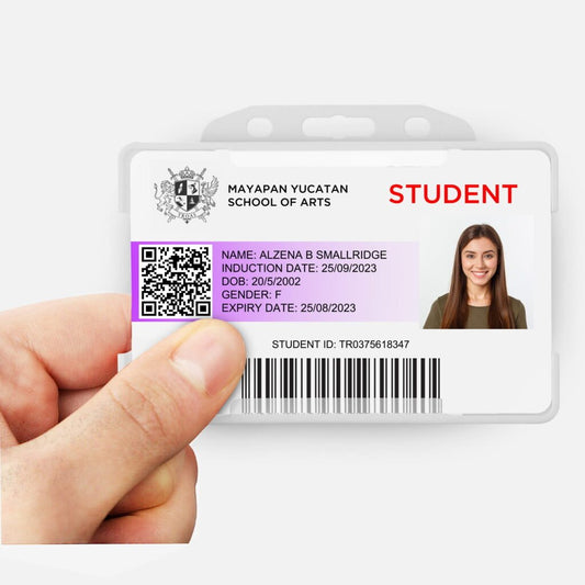 Clear double sided landscape ID card holder on a transparent background being held