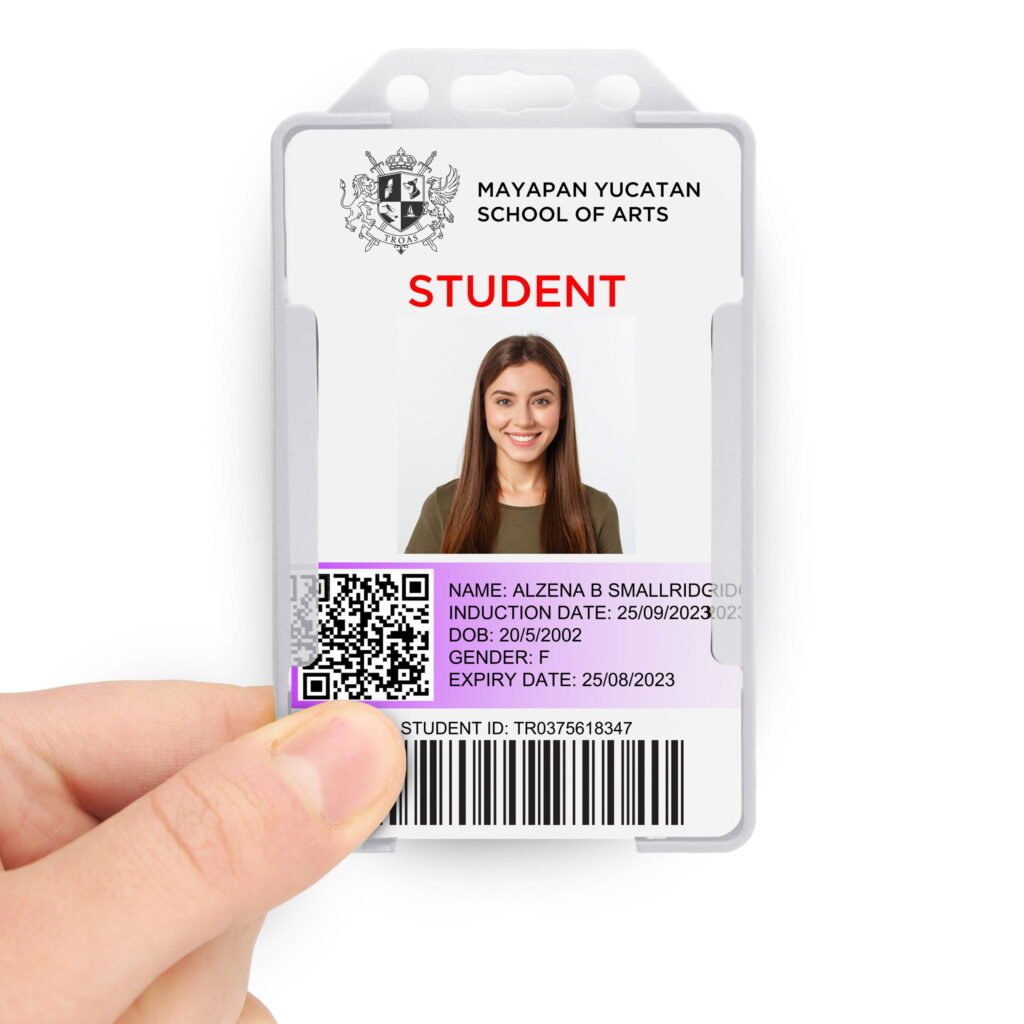 Clear double sided portrait ID card holder on a transparent background being held