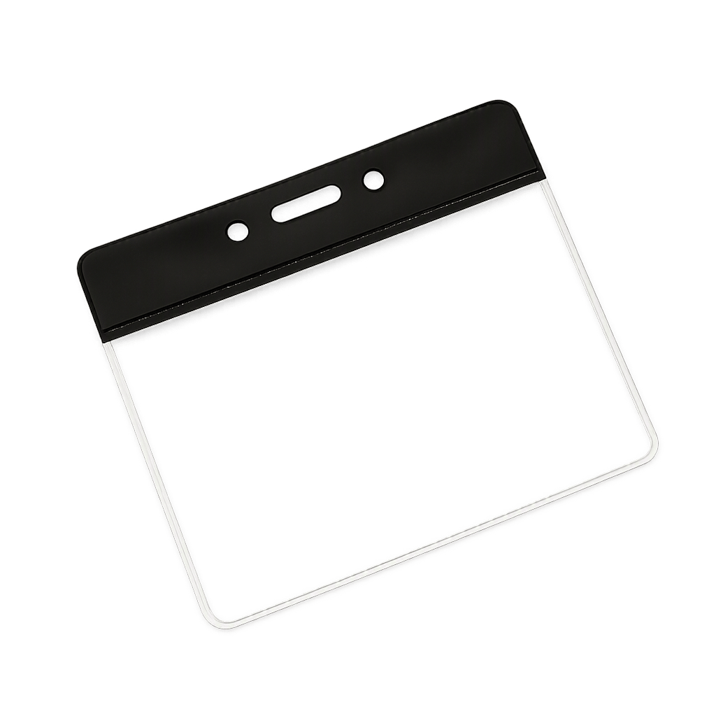 Clear Landscape vinyl ID card holder with a black coloured top on a transparent background