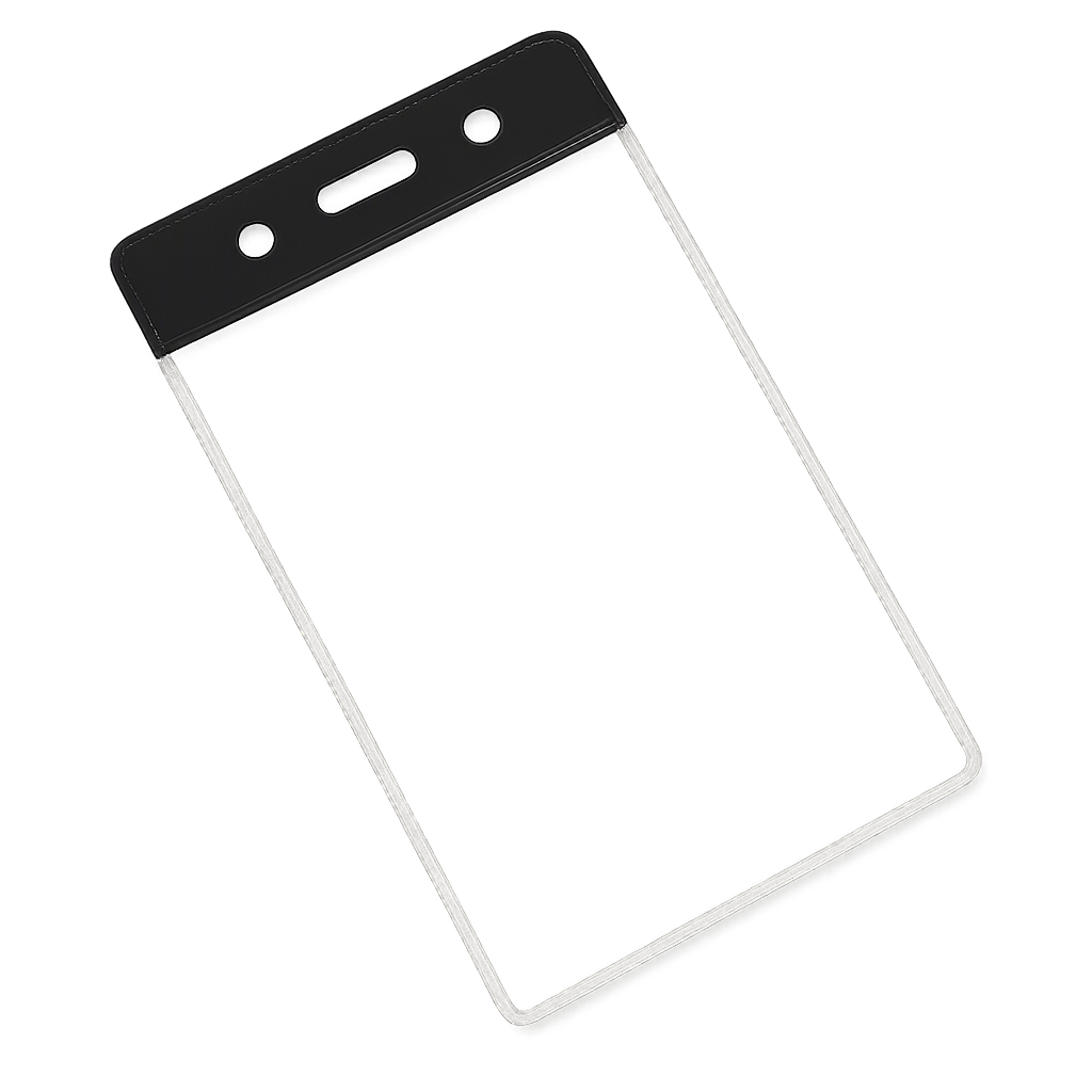 Clear portrait vinyl ID card holder with a black coloured top on a transparent background