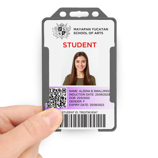 Grey portait ID card holder on a transparent background being held