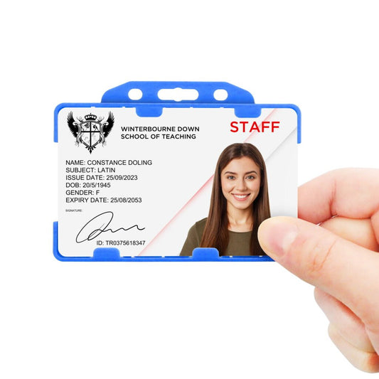 Light blue double sided landscape ID card holder on a transparent background being held