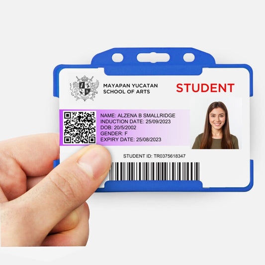 Light blue landscape ID card holder on a transparent background being held
