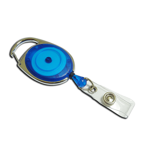A retractable badge reel with a blue and silver metal body, attached to a clear plastic clip with a snap button, shown on a solid white background.