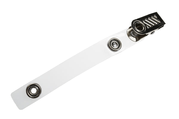 White flexible vinyl strap clip featuring a metal crocodile clip fastening, designed for attaching ID cards, name badges and security passes to garments.