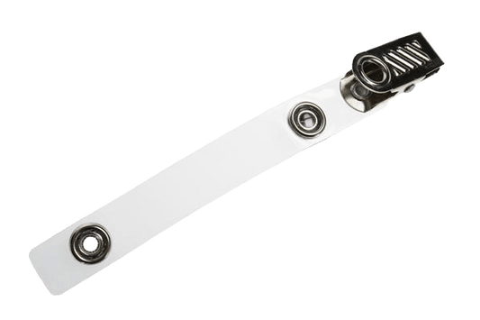 White flexible vinyl strap clip featuring a metal crocodile clip fastening, designed for attaching ID cards, name badges and security passes to garments.