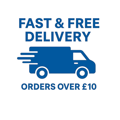 Blue delivery van icon with text 'Fast & Free Delivery Orders Over £10' on a white background