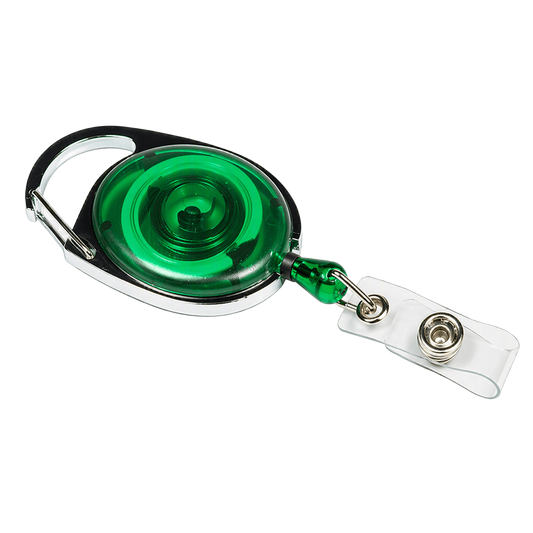 A retractable badge reel with a green and silver metal body, attached to a clear plastic clip with a snap button, shown on a solid white background.