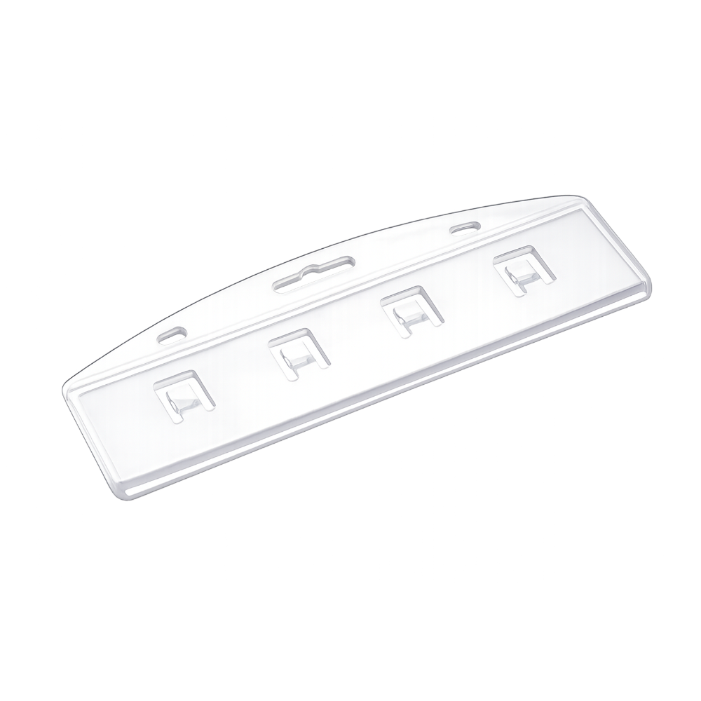 A clear plastic half swipe ID card holder on a white background.