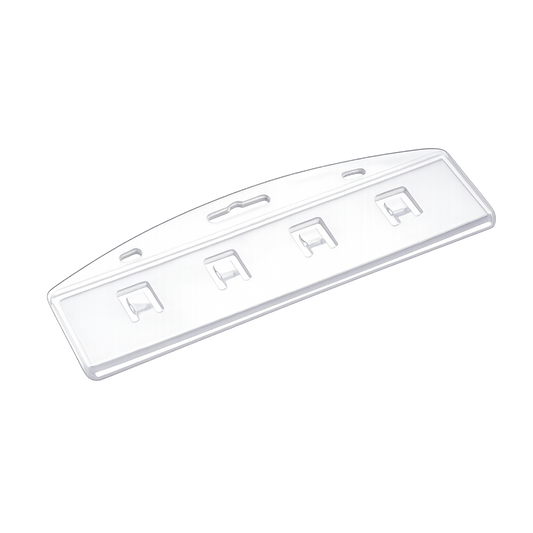 A clear plastic half swipe ID card holder on a white background.