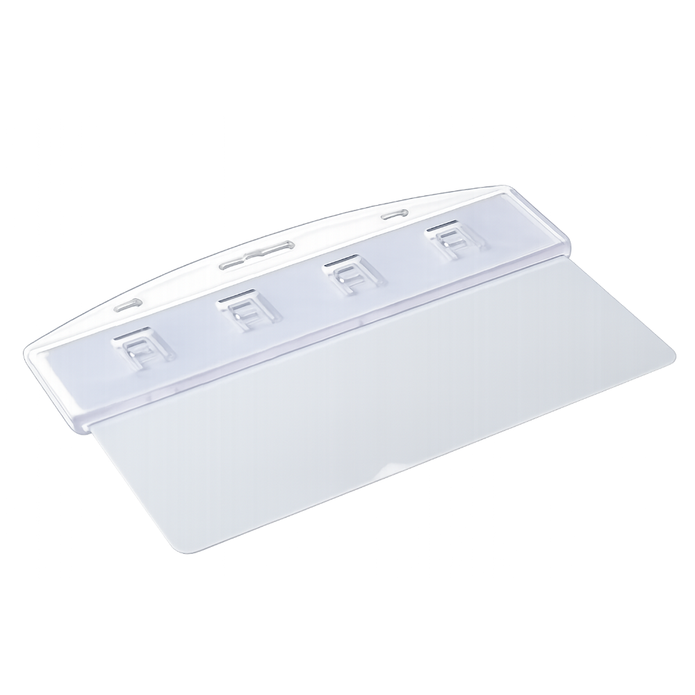 A clear plastic protective cover ID card holder on a white background.
