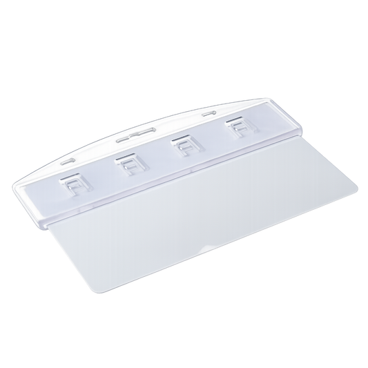 A clear plastic protective cover ID card holder on a white background.
