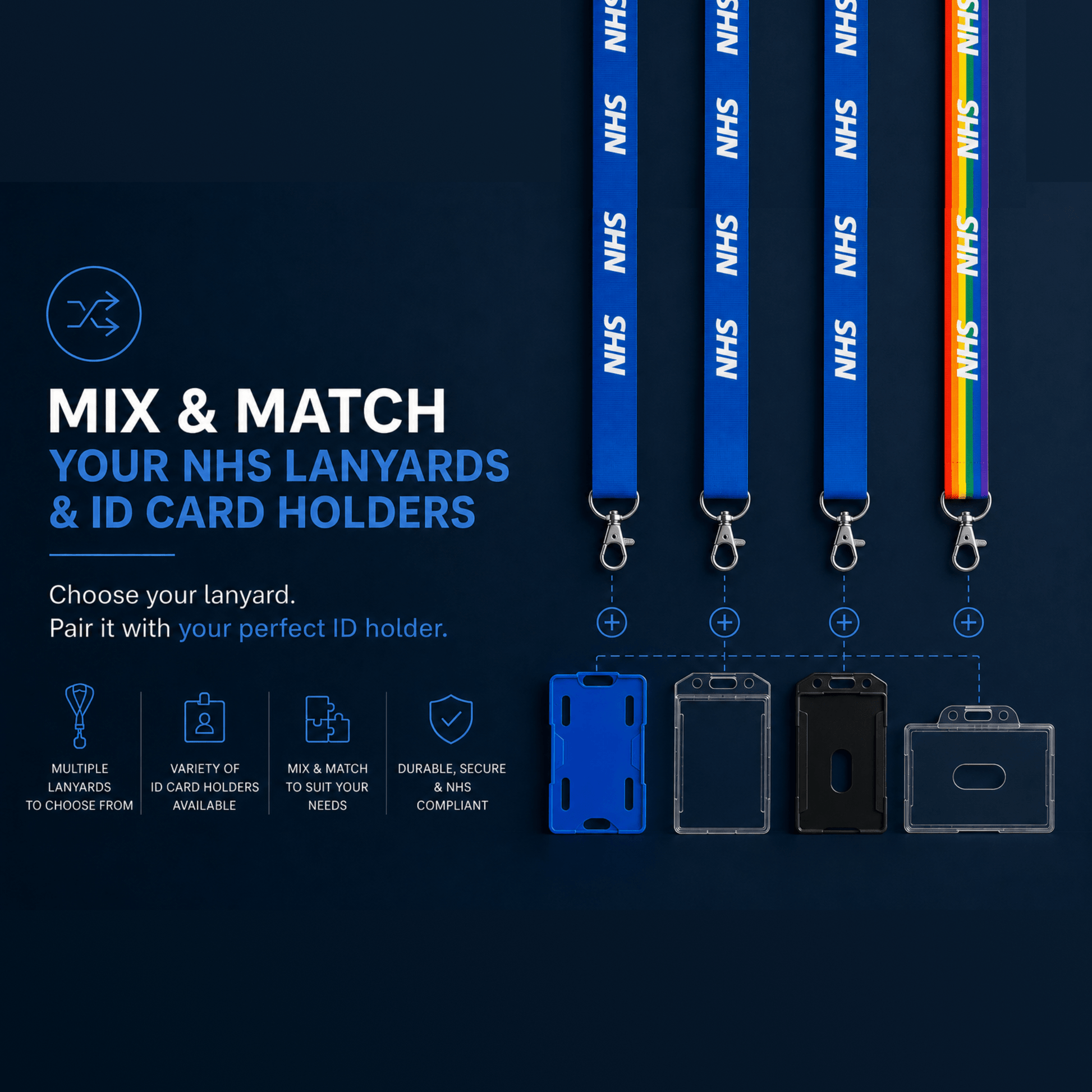 NHS lanyards and ID card holders on a dark blue background with text about mixing and matching.