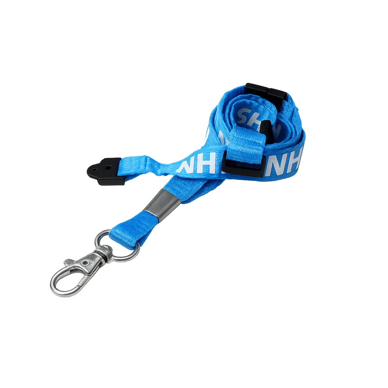 Blue NHS lanyard with metal clip on a white background