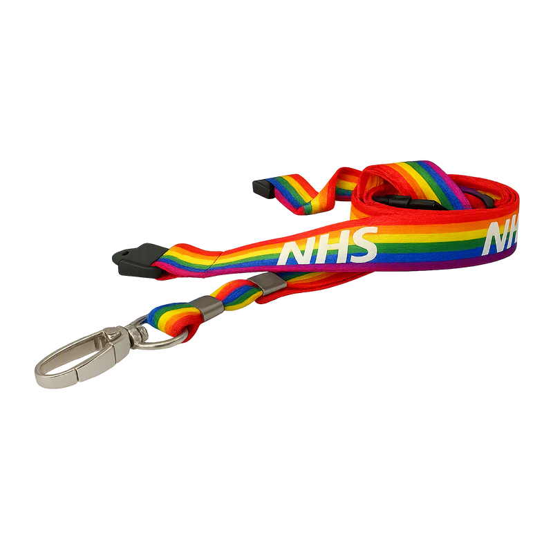 Rainbow lanyard with NHS branding on a white background