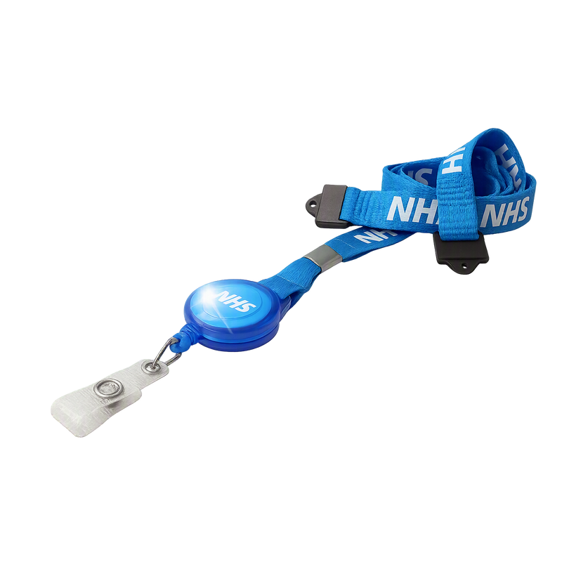 Blue lanyard with NHS logo on a clear background