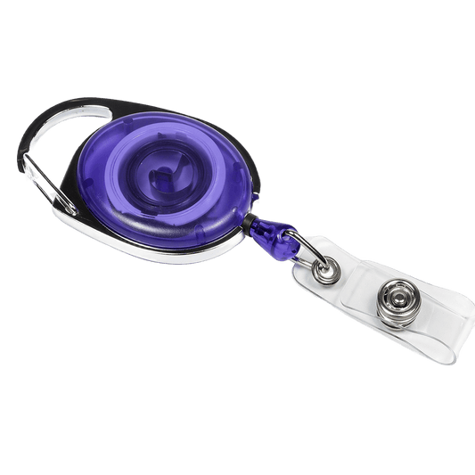 A retractable badge reel with a translucent purple body, a black and silver metal clip, and a clear plastic clip attachment with a silver snap button, shown on a transparent white background.