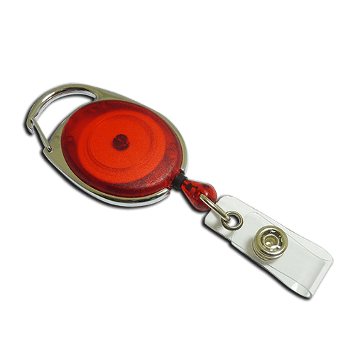 A retractable badge reel with a red circular roller, silver metal clip, and white plastic clip attachment with a gold snap button, shown on a solid white background.