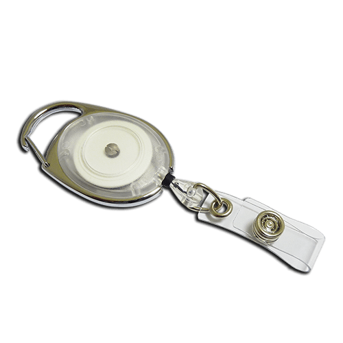 A retractable badge reel with a white strap, silver metal frame, and clear plastic housing, shown on a solid white background.