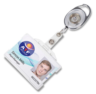 A retractable badge reel with a clear ID badge holder, shown on a white background. The reel is silver and black, and it holds a sample white plastic ID badge with a photo, name, and the AITF Group logo.