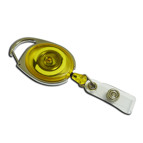 A retractable badge reel with a metallic silver frame, a translucent yellow pull tab, and a white plastic clip, shown on a solid white background.