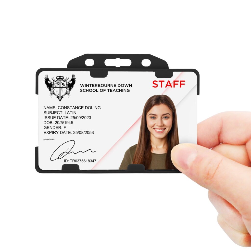 Black double sided landscape ID card holder on a transparent background being held