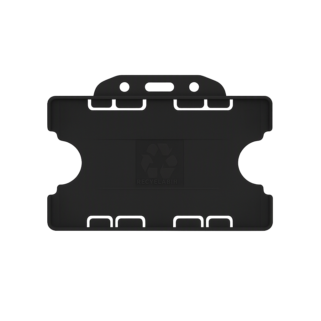 Black double sided landscape ID card holder on a transparent background