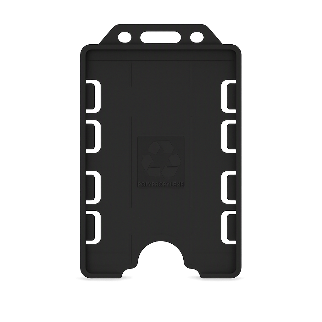 Black double sided portrait ID card holder on a transparent background