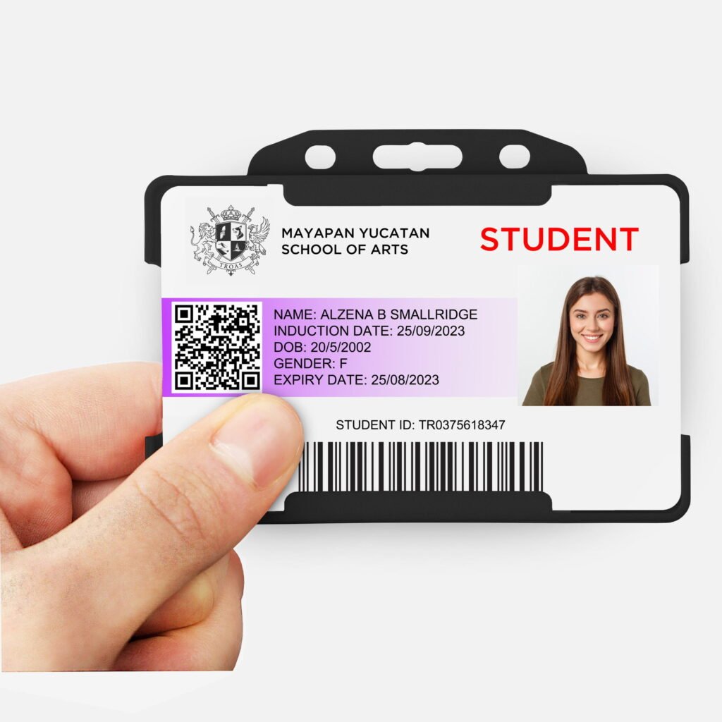 Black landscape ID card holder on a transparent background being held