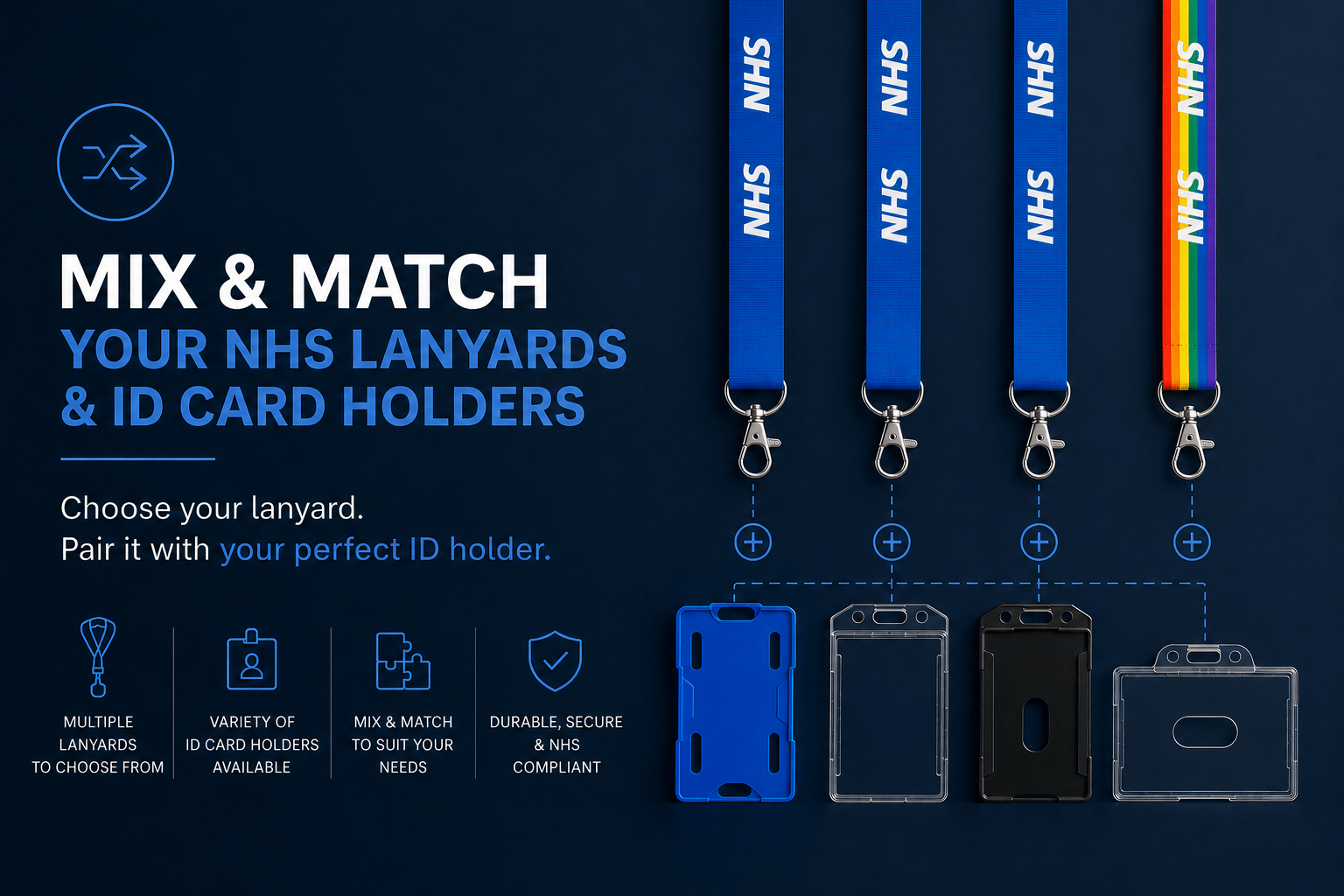 NHS lanyards and ID card holders on a dark blue background with text about mix and match options.