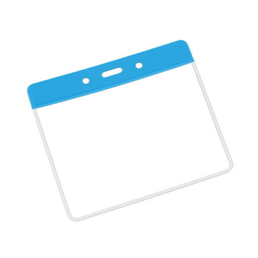 Clear Landscape vinyl ID card holder with a blue coloured top on a transparent background