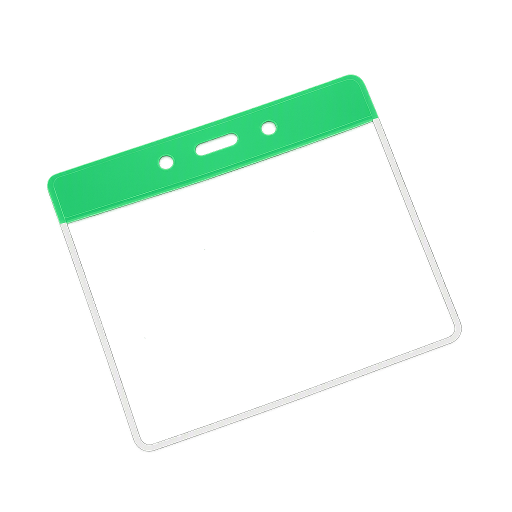 Clear Landscape vinyl ID card holder with a green coloured top on a transparent background