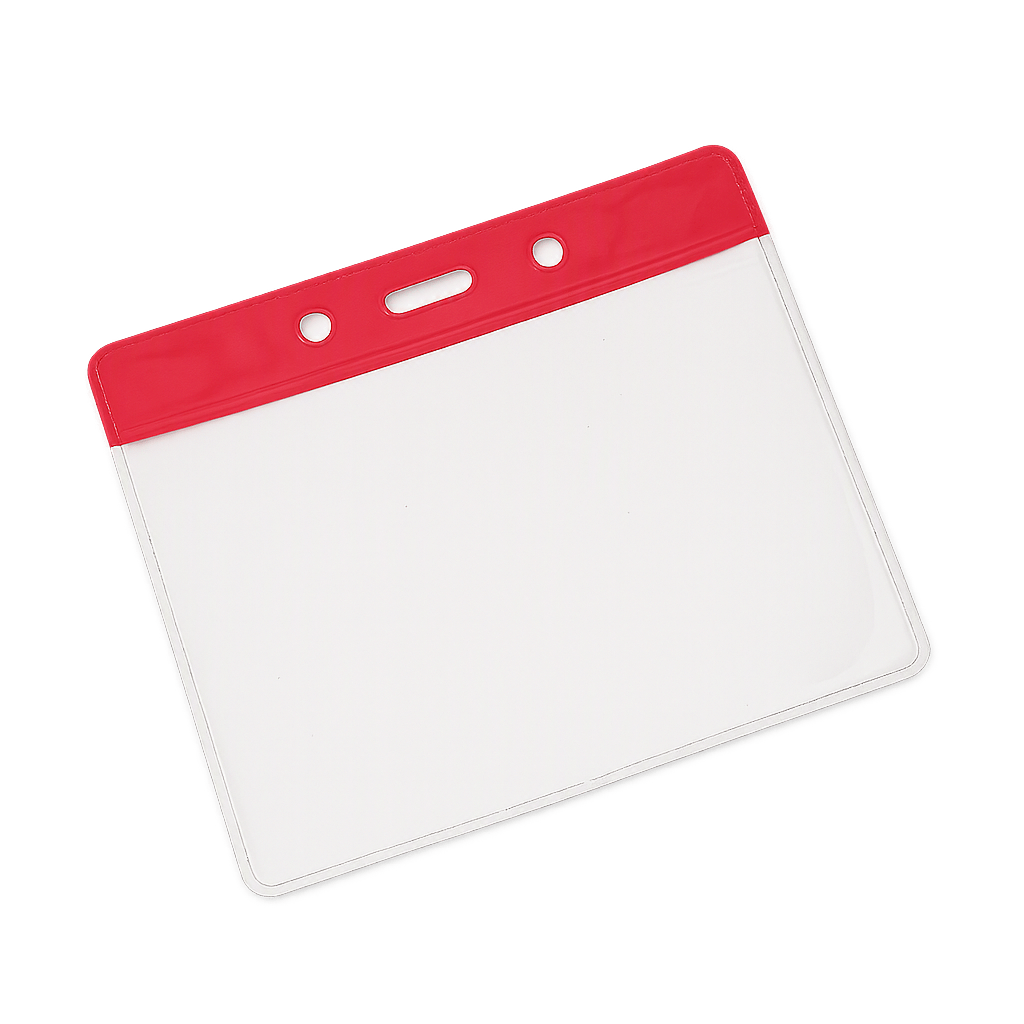 Clear Landscape vinyl ID card holder with a red coloured top on a transparent background
