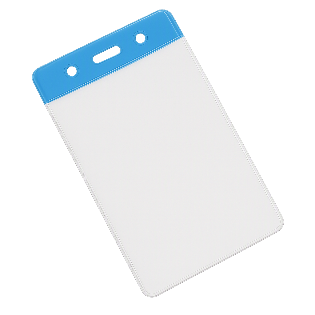 Clear portrait vinyl ID card holder with a blue coloured top on a transparent background