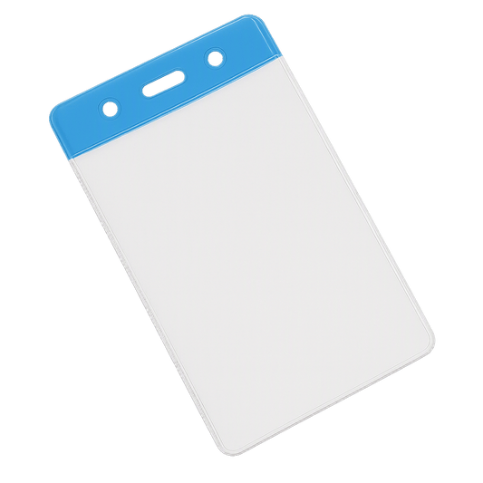 Clear portrait vinyl ID card holder with a blue coloured top on a transparent background