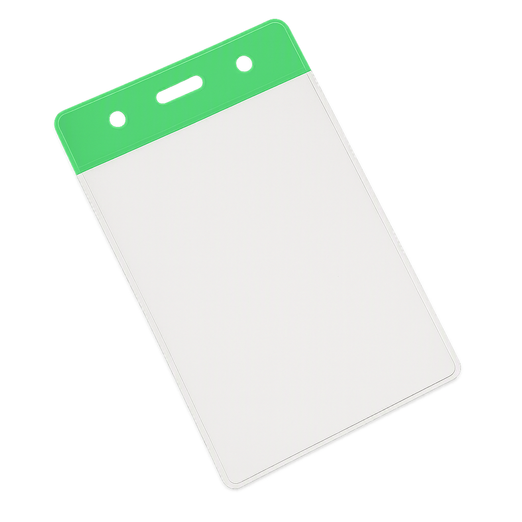 Clear portrait vinyl ID card holder with a green coloured  top on a transparent background