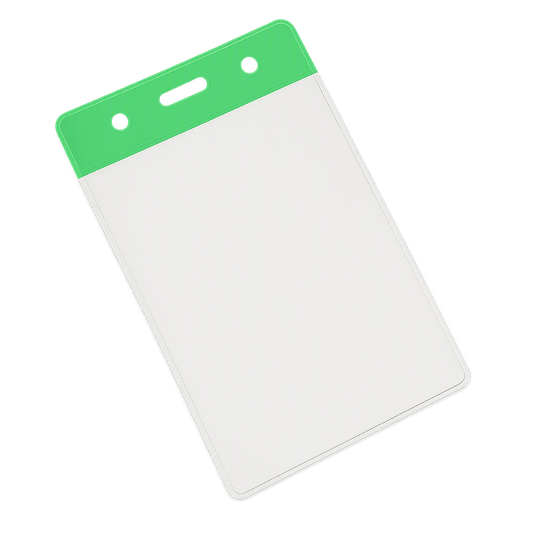Clear portrait vinyl ID card holder with a green coloured  top on a transparent background