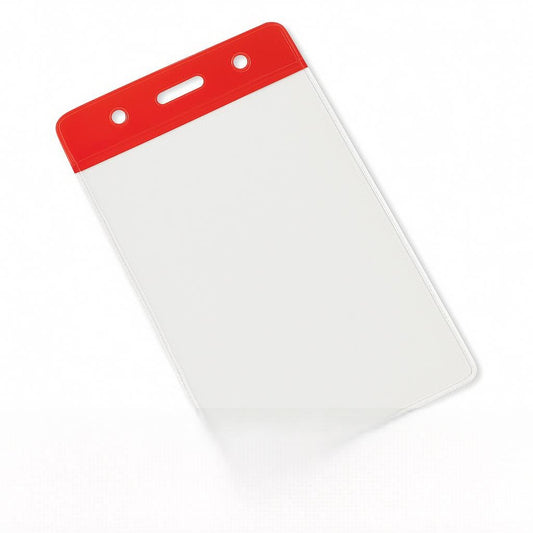 Clear portrait vinyl ID card holder with a red coloured  top on a transparent background