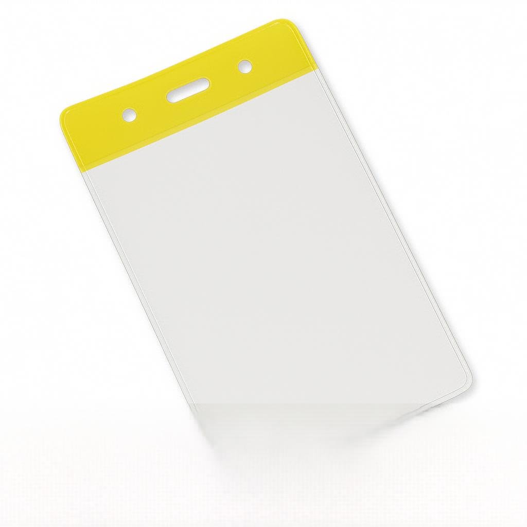 Clear portrait vinyl ID card holder with a yellow coloured top on a transparent background