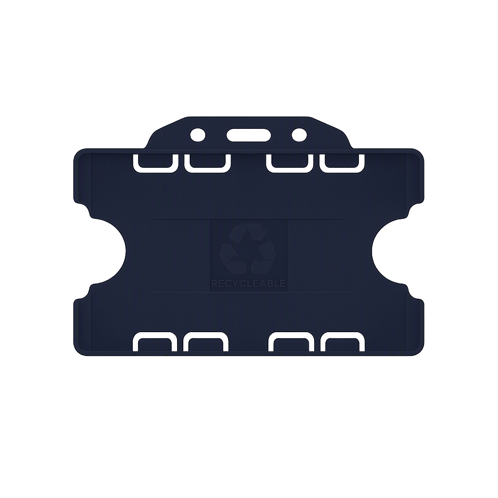 Dark blue double sided landscape ID card holder on a transparent background