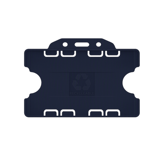 Dark blue double sided landscape ID card holder on a transparent background