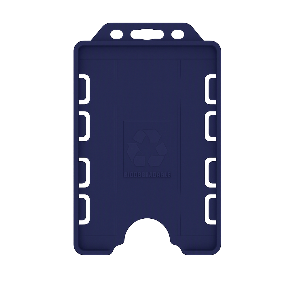 Dark blue double sided portrait ID card holder on a transparent background