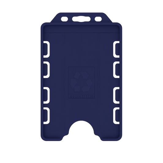 Dark blue double sided portrait ID card holder on a transparent background