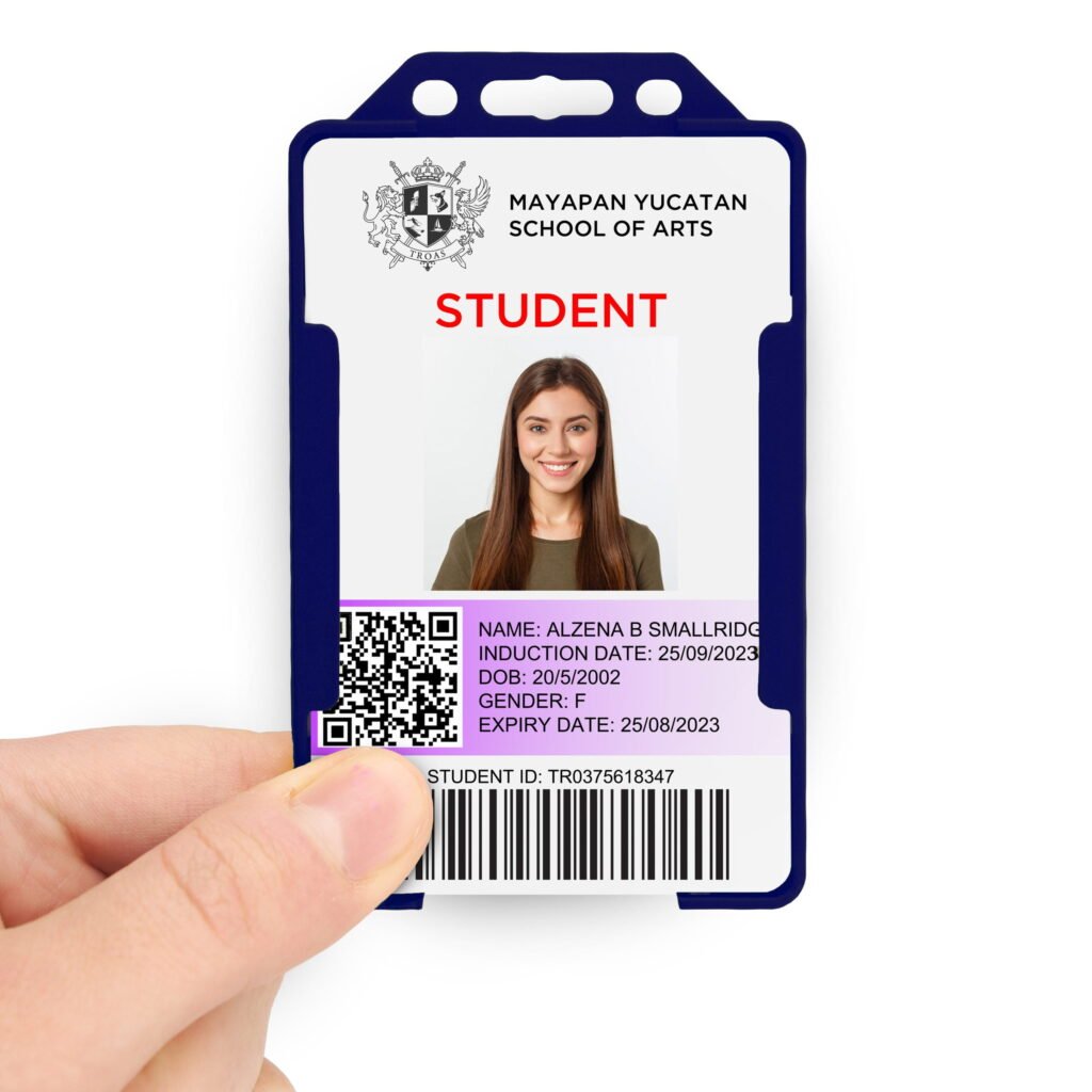 Dark blue double sided portrait ID card holder on a transparent background being held