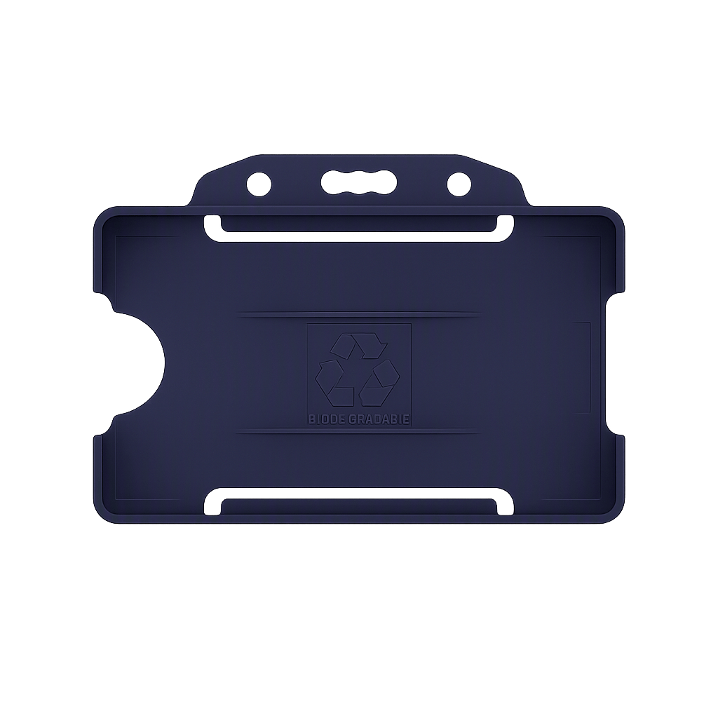 Dark blue landscape ID card holder on a transparent background