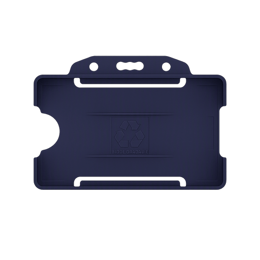 Dark blue landscape ID card holder on a transparent background